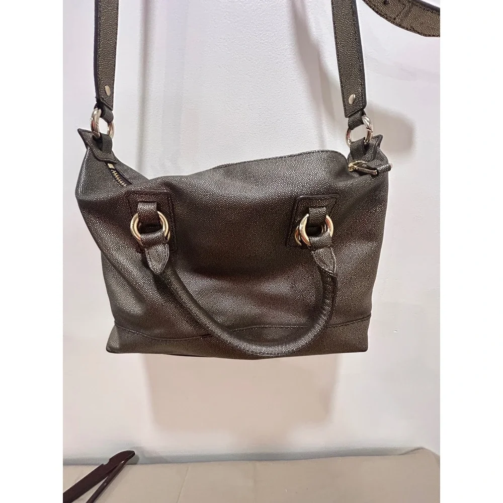 Cole Haan Metallic Shimmer Leather Satchel Crossbody Bag Brown Gold
